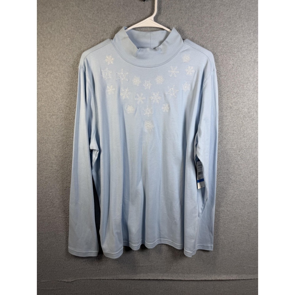 Studio Works Shirt Womens XL Blue Embroidered Snowflake Mock Neck Top